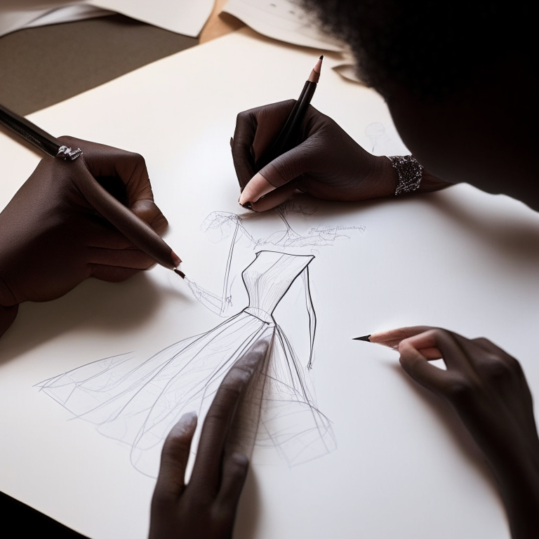 a close-up of a black designer's hand sketching a dress on a piece of paper. We see the designer's hand moving the pencil across the page, with the sketch gradually taking shape.