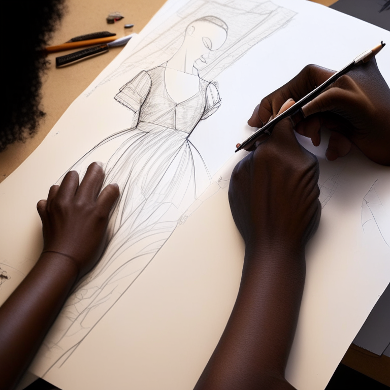 A close-up of a designer's hand sketching a dress on a piece of paper, with the sketcher's hand moving the pen across the page. swap out the pencil for a pen.