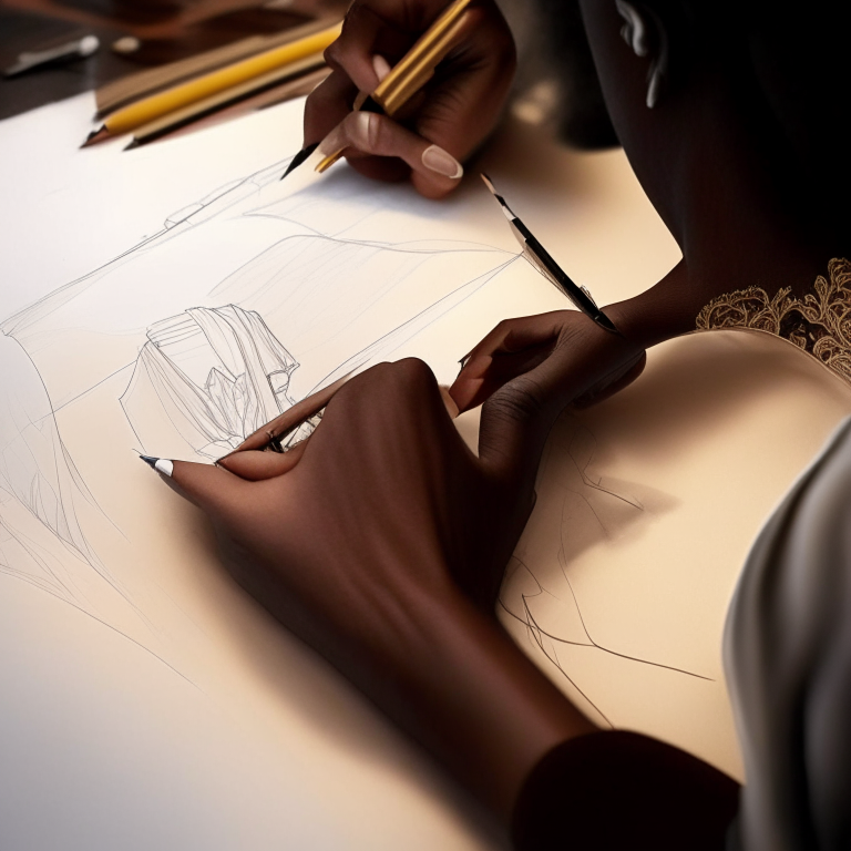 a close-up of a African American designer's hand sketching a beautiful dress on a piece of paper. We see the designer's hand moving the pencil across the page, with the sketch gradually taking shape.