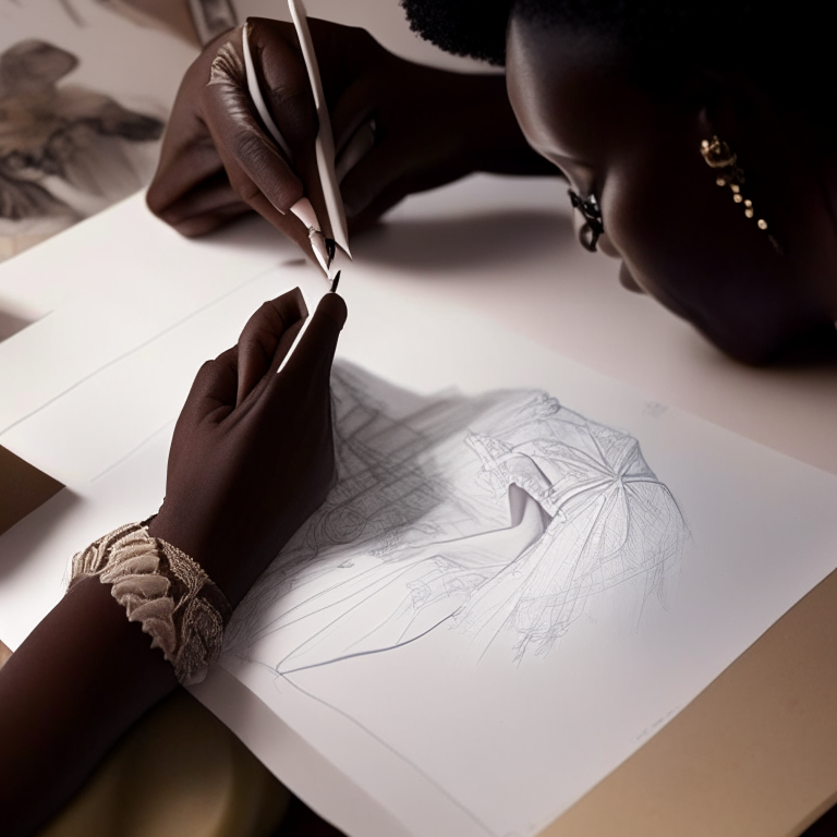 a close-up of a African American designer's hand sketching a beautiful dress on a piece of paper. We see the designer's hand moving the pencil across the page, with the sketch gradually taking shape.