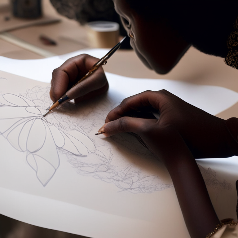 a close-up of a African American designer's hand sketching a beautiful dress on a piece of paper. 