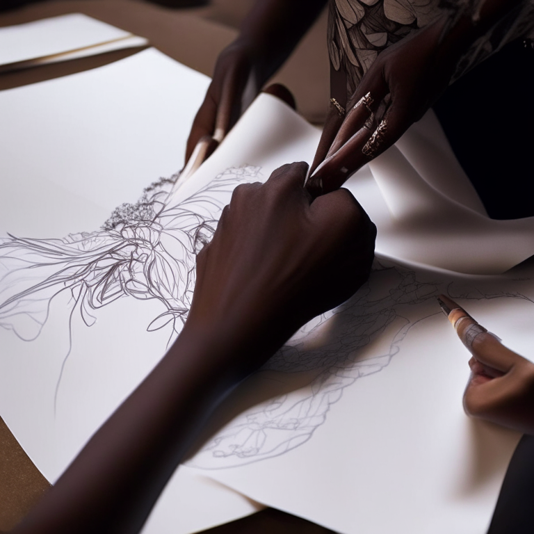 a close-up of a African American designer's hand sketching a beautiful dress on a piece of paper. 