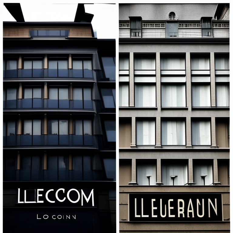 two rival fashion houses' logos side by side on their buildings - This shot shows the logos of the Hoffman Designs and LeCour fashion houses side by side, with the names of the houses in bold letters. The logos are sleek and modern, reflecting the fashion industry's high-stakes, competitive nature