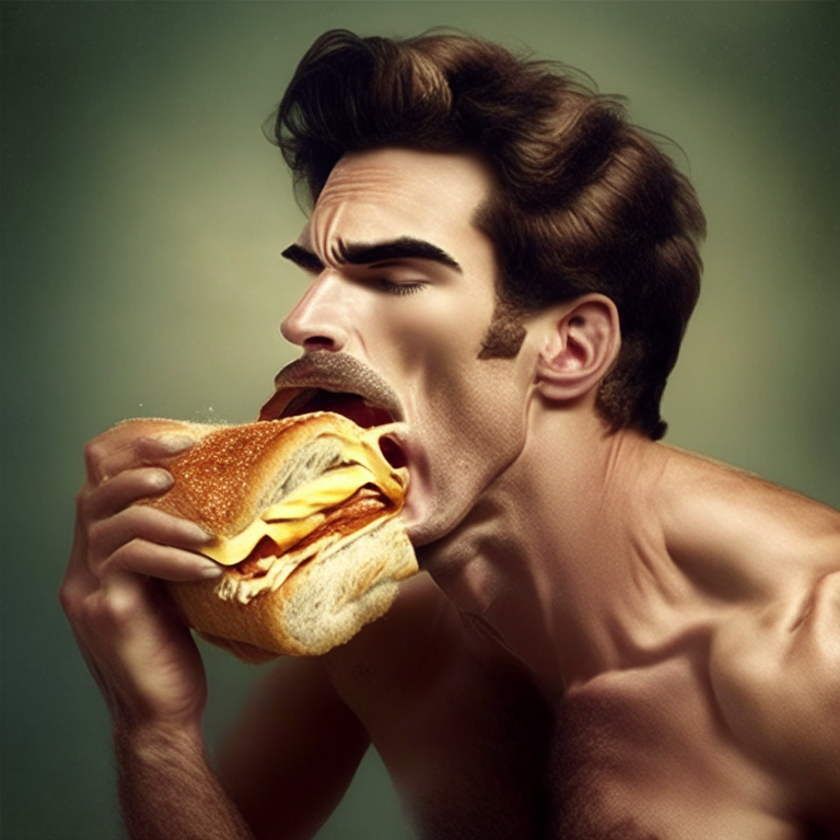 um homem comendo um sanduíche delicioso