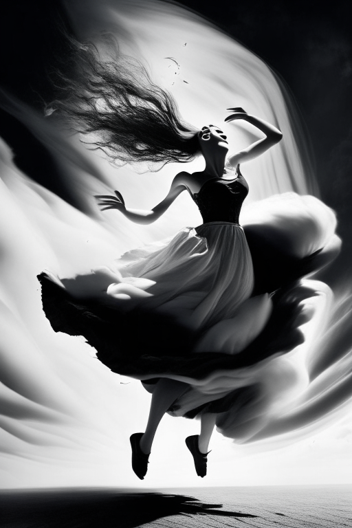 a dancing w8th evil to the sky with black and white dress