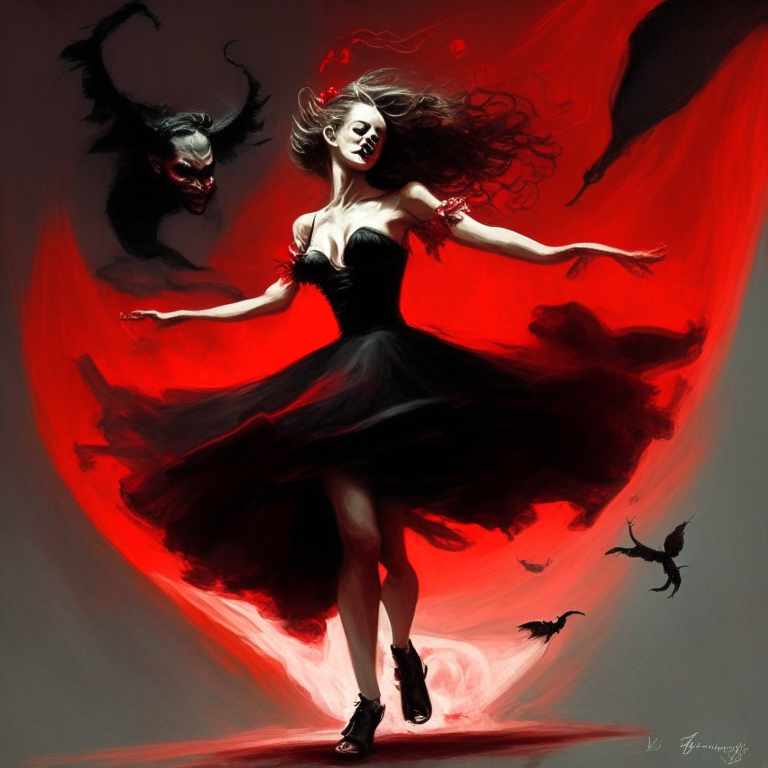 a dancing a beauti girl with devil in the sky with a black and red dress