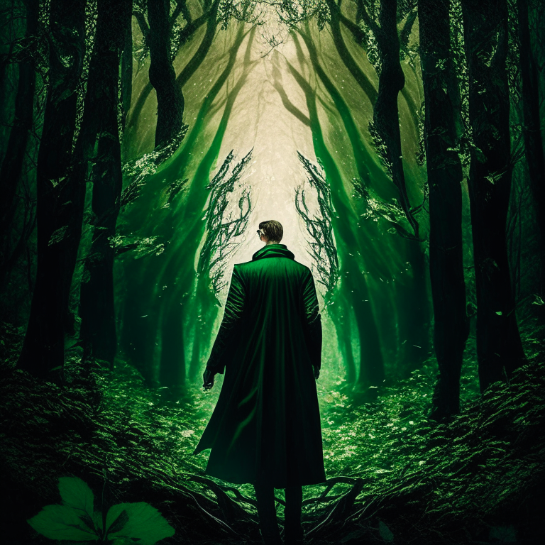 A man in a beautiful green forest where sunlight shines through the branches and angels come to that beautiful man wearing a black raincoat. 