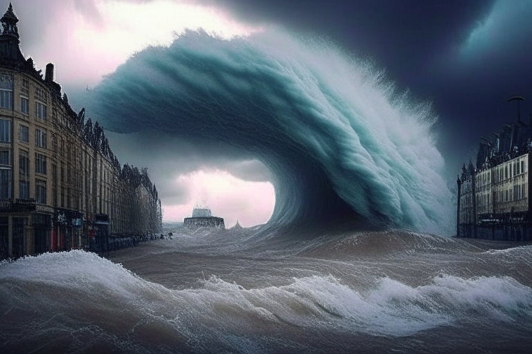 Grandes olas inundando la ciudad de Londres con un cielo tormentoso
