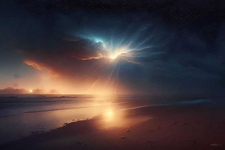 Un meteorito cayendo en una playa al amanecer con el cielo tormentoso