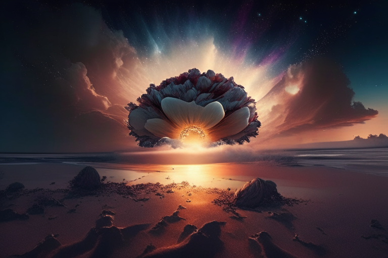 Planetas explotando en el cielo en una playa con raíces de una flor al amanecer y nubes negras