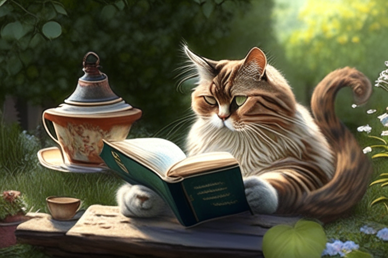 a beautiful cat reading a book in the garden drinking coffee