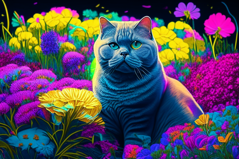 a British Shorthair cat in a garden surrounded by colorful flowers in neon colors