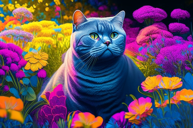 a British Shorthair cat in a garden surrounded by colorful flowers in neon colors