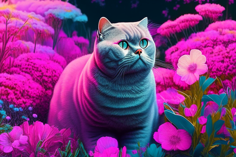 a British Shorthair cat in a garden surrounded by pink flowers in neon colors