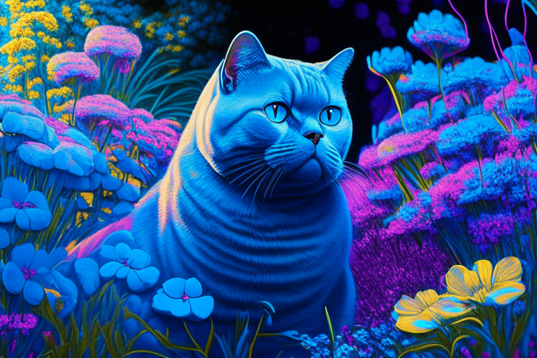 a British Shorthair cat in a garden surrounded by blue flowers in neon colors