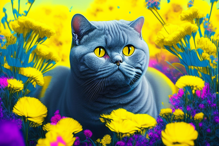 a British Shorthair cat in a garden surrounded by yellow flowers in neon colors