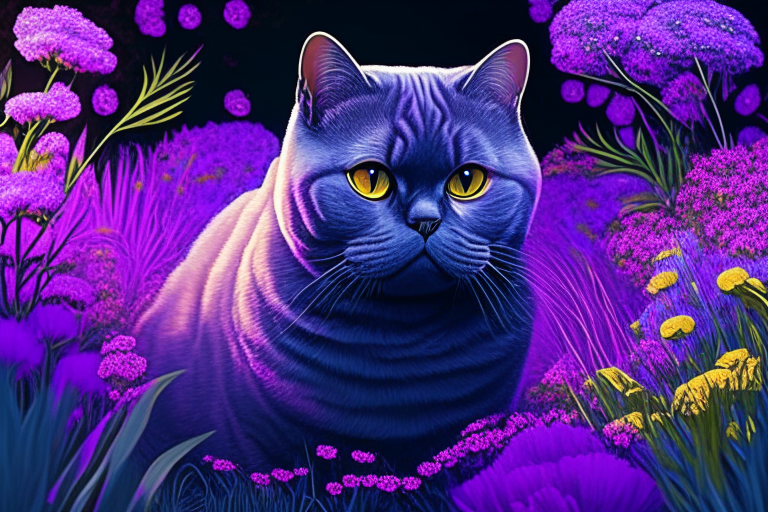 a British Shorthair cat in a garden surrounded by purple flowers in neon colors