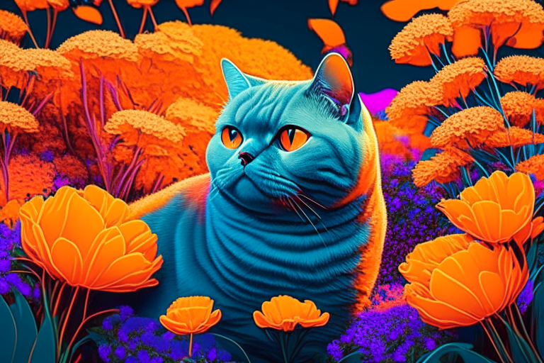 a British Shorthair cat in a garden surrounded by orange flowers in neon colors