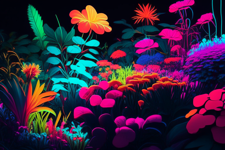 a garden with colorful flowers in neon colors