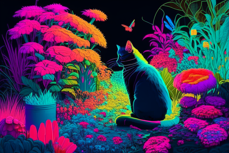 a garden with colorful flowers in neon colors and a cat sitting in the middle