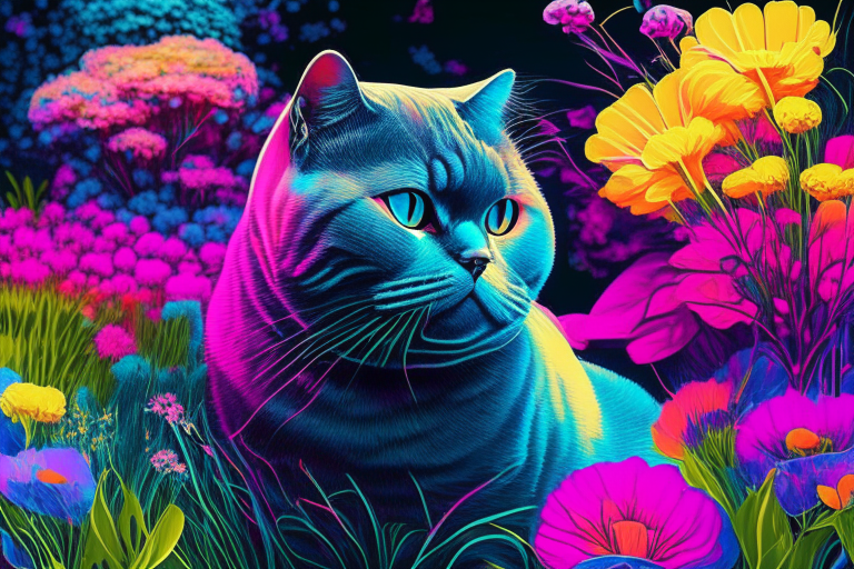 a British Shorthair cat in a garden surrounded by colorful flowers in neon colors, abstract, perfect