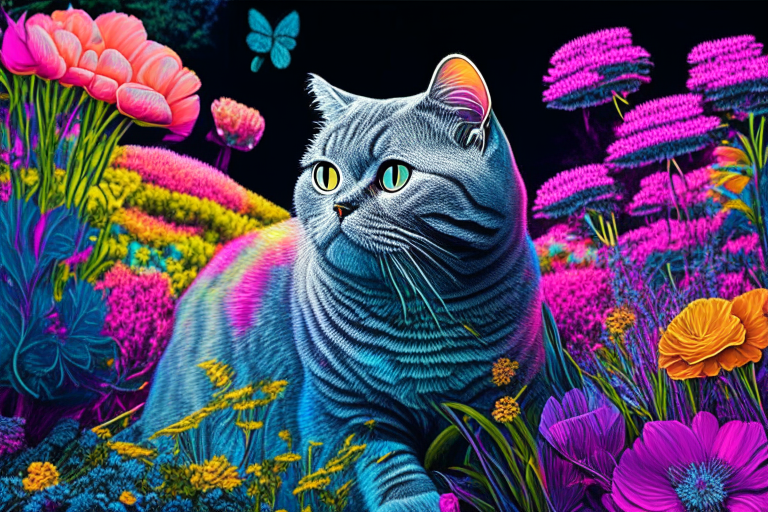 a silver tabby British Shorthair cat in a garden surrounded by colorful flowers in neon colors