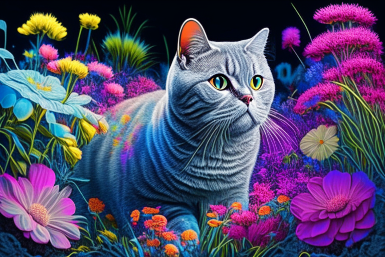 a silver shaded tabby British Shorthair cat in a garden surrounded by colorful flowers in neon colors