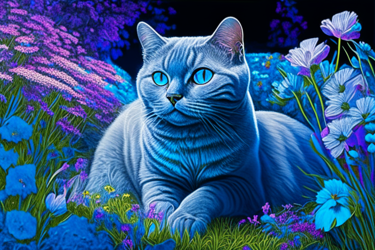 a silver shaded tabby British Shorthair cat in a garden surrounded by blue flowers in neon colors