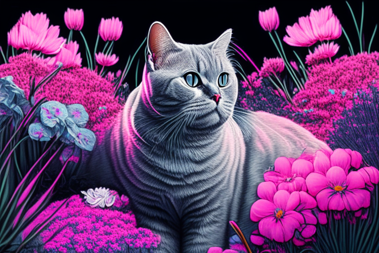 a silver shaded tabby British Shorthair cat in a garden surrounded by pink flowers in neon colors