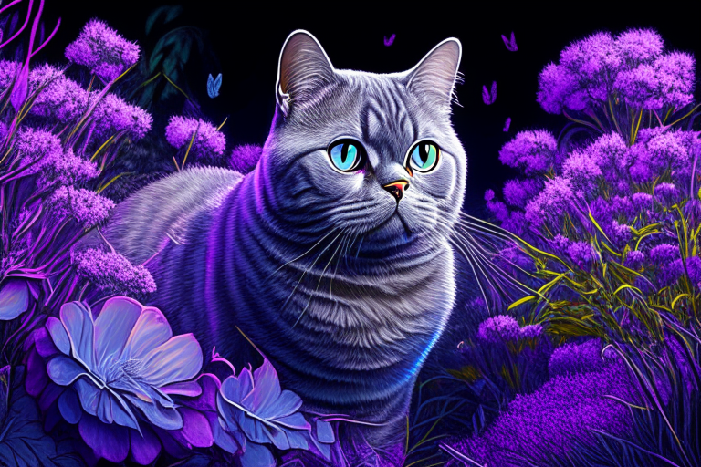 a silver shaded tabby British Shorthair cat in a garden surrounded by purple flowers in neon colors