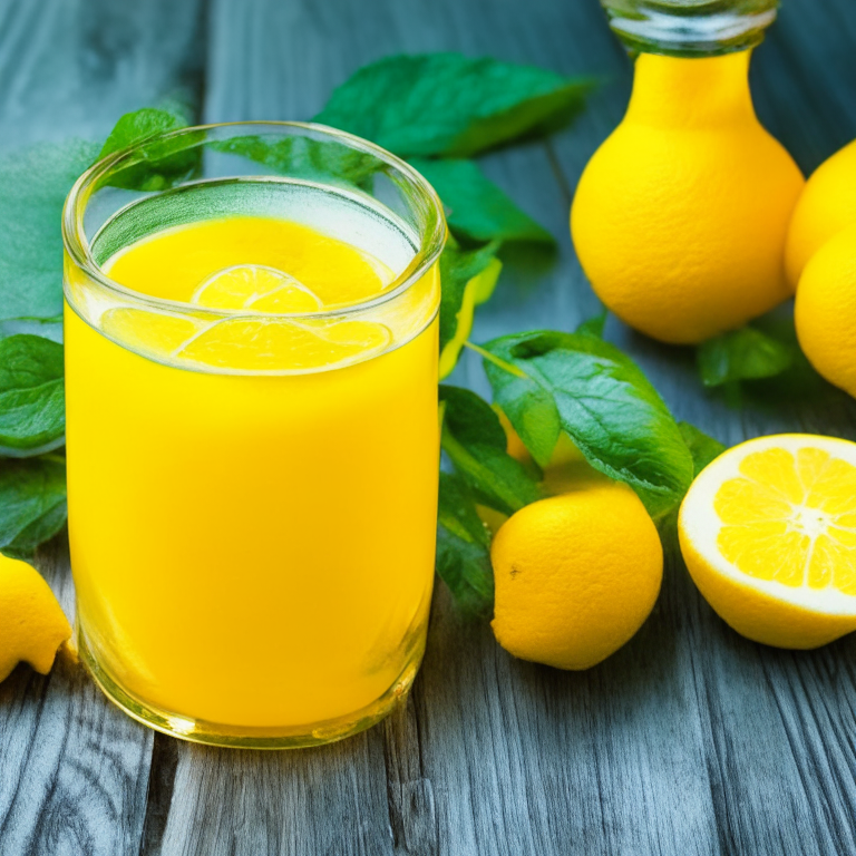 a picture of an Immune-Boosting Turmeric Elixir with a slice of lemon and a sprig of mint