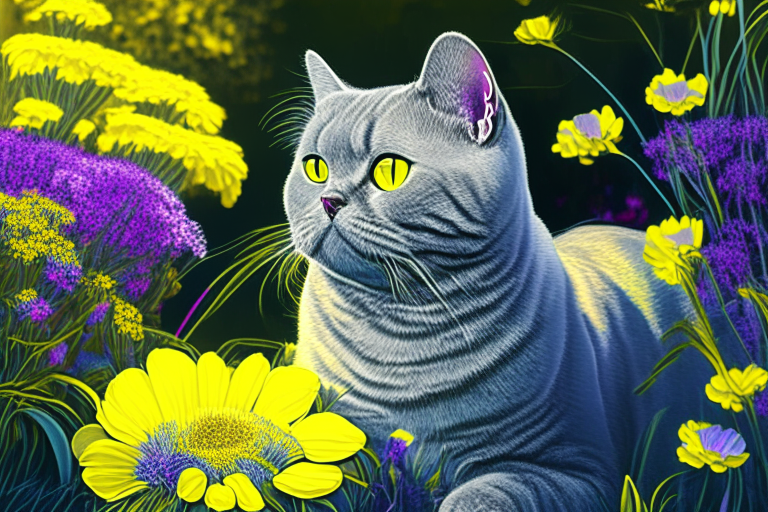 a silver shaded tabby British Shorthair cat in a garden surrounded by yellow flowers in neon colors