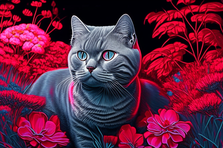 a silver shaded tabby British Shorthair cat in a garden surrounded by red flowers in neon colors