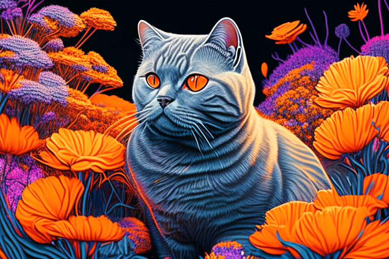 a silver shaded tabby British Shorthair cat in a garden surrounded by orange flowers in neon colors