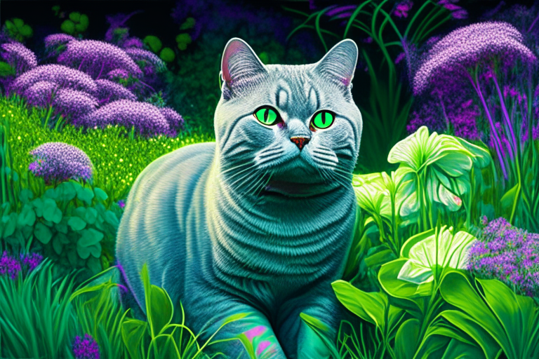 a silver shaded tabby British Shorthair cat in a garden surrounded by green flowers in neon colors