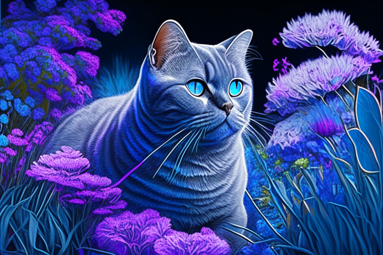 a silver shaded tabby British Shorthair cat in a garden surrounded by blue and purple flowers in neon colors