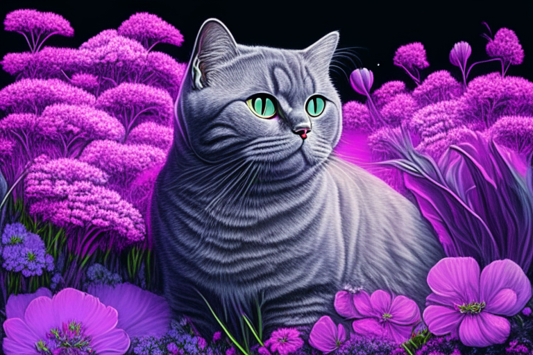 a silver shaded tabby British Shorthair cat in a garden surrounded by pink and purple flowers in neon colors