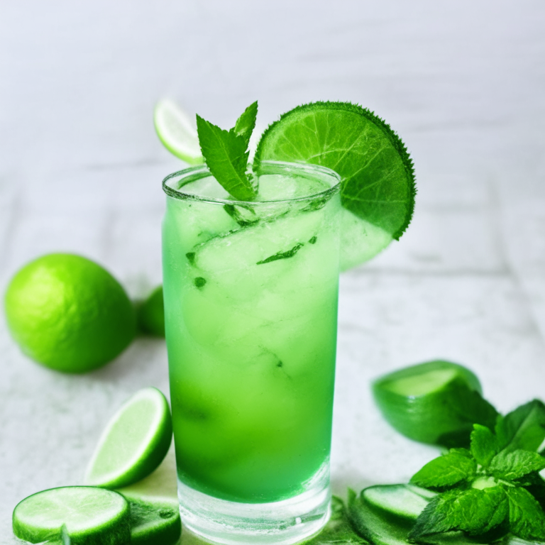 a picture of an Alkaline Cucumber Lime Refresher with a slice of cucumber and a sprig of mint