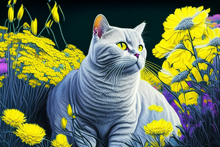 a silver shaded tabby white British Shorthair cat in a garden surrounded by yellow flowers in neon colors