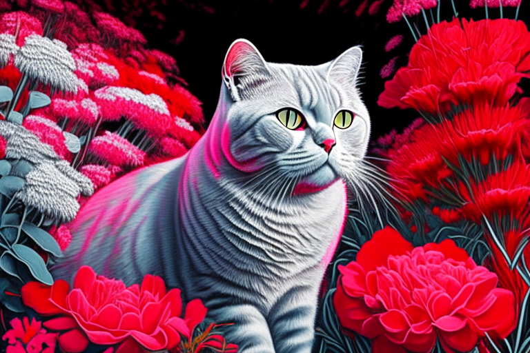 a silver shaded tabby white British Shorthair cat in a garden surrounded by red flowers in neon colors