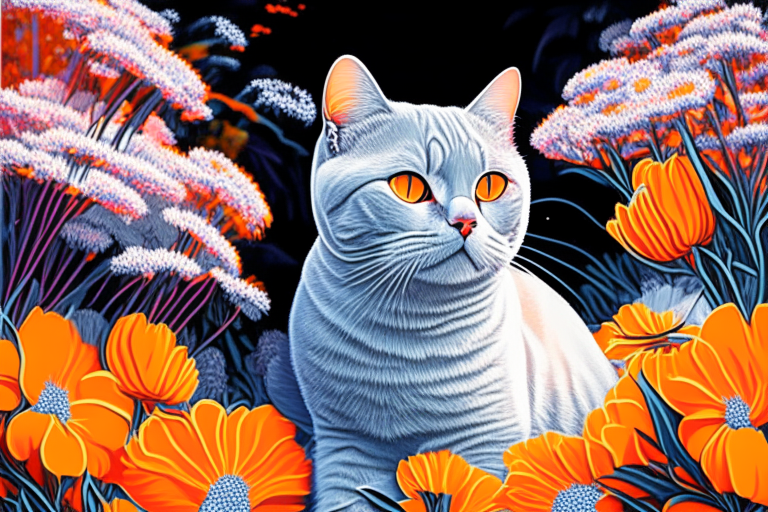 a silver shaded tabby white British Shorthair cat in a garden surrounded by orange flowers in neon colors