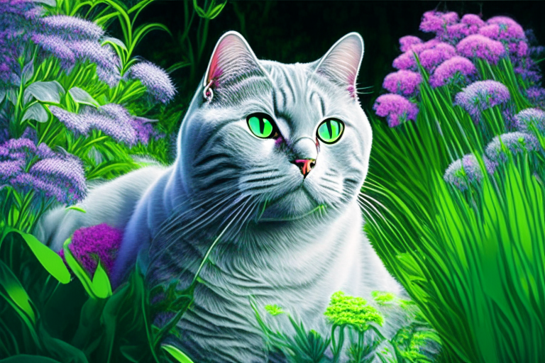 a silver shaded tabby white British Shorthair cat in a garden surrounded by green flowers in neon colors