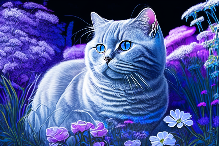 a silver shaded tabby white British Shorthair cat in a garden surrounded by blue and purple flowers in neon colors