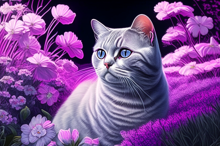 a silver shaded tabby white British Shorthair cat in a garden surrounded by pink and purple flowers in neon colors