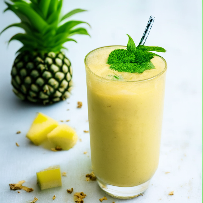 a picture of a Pineapple Ginger Cleansing Smoothie with a slice of pineapple and a sprig of mint