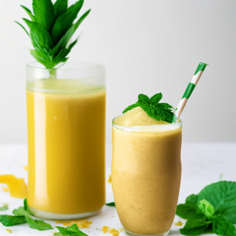 a picture of a Pineapple Ginger Cleansing Smoothie with a slice of ginger and a sprig of mint