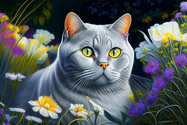 A silver shaded tabby white British Shorthair cat with amber eyes in a garden with neon-colored flowers