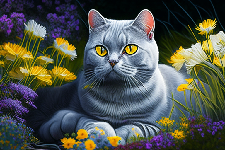 A silver shaded tabby white British Shorthair cat with amber eyes sitting in a garden with neon-colored flowers