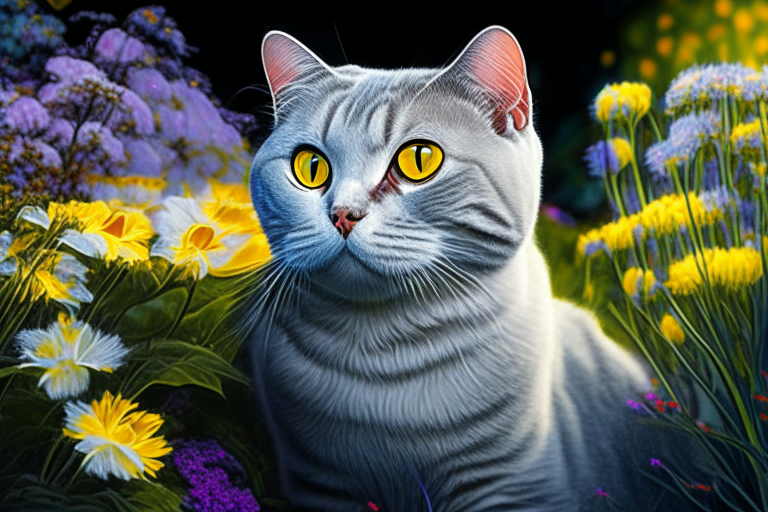 A silver shaded tabby white British Shorthair cat with amber eyes standing in a garden with neon-colored flowers