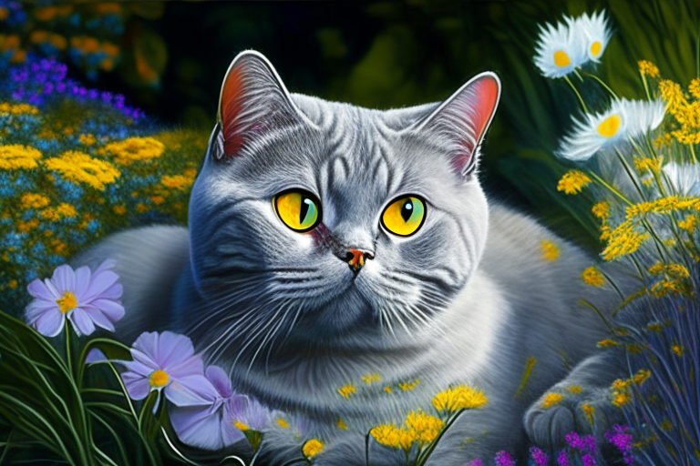 A silver shaded tabby white British Shorthair cat with amber eyes lying in a garden with neon-colored flowers